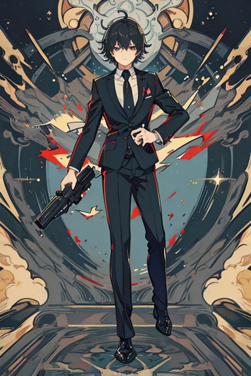 boy, black hair, short hair, messy hair, hair spread out, 8k, super detail, ccurate, best quality, Suit, fullbody, take a gun