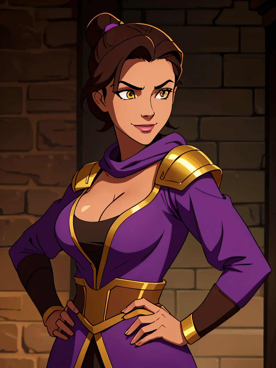 A female ranger wearing brown leathers with a purple hood, detailed gold eyes, ((gold eyes)), yellow iris, short  black hair swept back, hair tied back, fantasy ranger, purple hood, intense dangerous expression and smile. Detailed hands. ((Detailed eyes. Detailed face)). vibrant colors., high quality, high resolution, masterpiece, (High resolution), (high quality), (sharp focus), (best quality), cleavage. Show her standing with her hands on her hips, castle ruins background, full body shot, profile view. pov from the side.