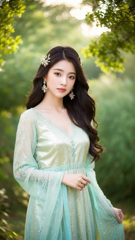 Create a masterpiece image of an exceptionally beautiful Asian girl with an angelic and innocent face. She should be adorned with radiant, intricate jewelry that catches the light, including gemstone earrings, a sparkling necklace, and delicate bracelets. Her attire should be mystical and captivating, made from rich fabrics such as silk and satin, with flowing designs and intricate patterns like classic floral motifs or mystical symbols.
She could be wearing a long dress with light, ethereal layers in enchanting colors like emerald green, twilight purple, or wine red, wit? meticulously embroidered details in gold or silver thread. Her hair could be long and silky, styled naturally or elegantly pinned up wit? delicate hair accessories like gold pins or fresh flowers.
The background should be an enchanting setting, perhaps a magical forest with shimmering light filtering through the leaves, or an ancient palace with intricate architecture and flickering candlelight. The lighting in the image should be professionally arranged, with soft rays gently illuminating her body and face, creating a shimmering and magical effect. Her posture and expression should convey a graceful elegance and an otherworldly charm, as if she is a goddess or a character stepping out of legend.