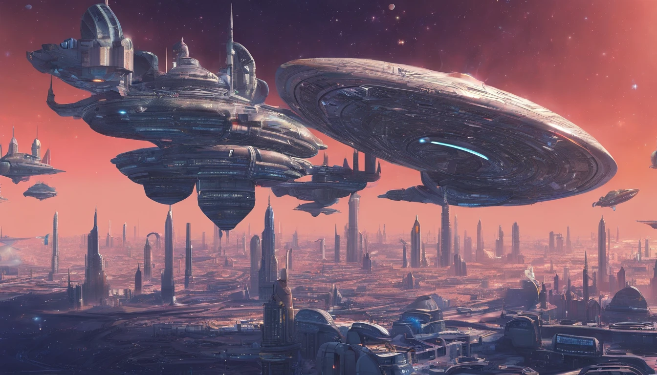 The space station is massively bigger than Babylon 5, but in the shape of Deep Space 9. The space station has 6 O'Neal Class space stations off in 5 different equilateral directions, & 1 down the middle. It's 10 times bigger than Saturn, and generates it's own power. There are hundreds of starships going to & fro, from the station, at any hour of the day. The station is in the center of the foreground. There are many stars, a nebula, and a comet, in the background. (((Use the following styles:conceptual art, protovision,3d render, architecture, portrait photography, cinematic, diamond crystal, alien, Leonardo Da Vinci, Arthur C. Clarke, &Larry Niven))). (((1 million HD Resolution, isometric art, insane symmetrical details))).