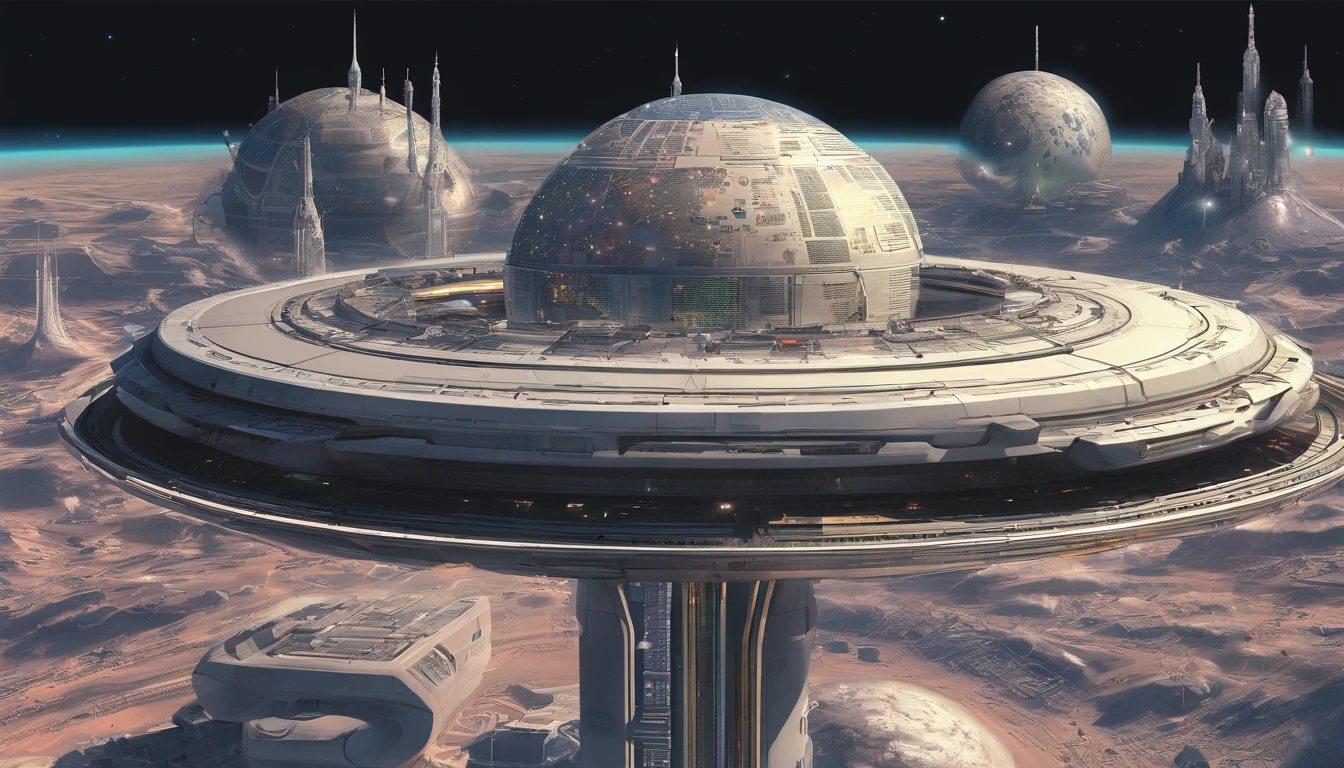 The space station is massively bigger than Babylon 5, but in the shape of Deep Space 9. The space station has 6 O'Neal Class space stations off in 5 different equilateral directions, & 1 down the middle. It's 10 times bigger than Saturn, and generates it's own power. There are hundreds of starships going to & fro, from the station, at any hour of the day. The station is in the center of the foreground. There are many stars, a nebula, and a comet, in the background. (((Use the following styles:conceptual art, protovision,3d render, architecture, portrait photography, cinematic, diamond crystal, alien, Leonardo Da Vinci, Arthur C. Clarke, &Larry Niven))). (((1 million HD Resolution, isometric art, insane symmetrical details))). 