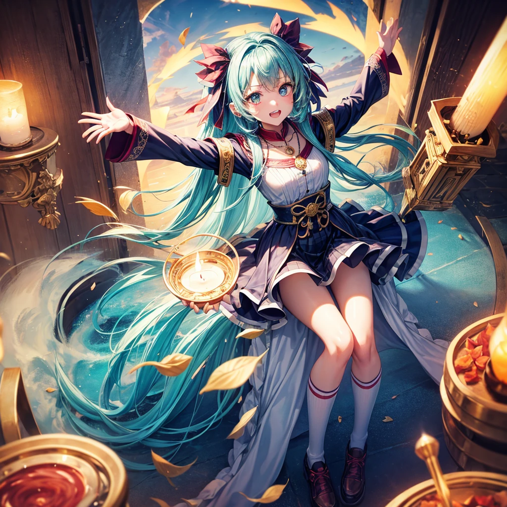 Aqua blue hair、Golden Eyes、Braid、One good looking girl、solo、anime、Checkered mini skirt、Ruffles on the skirt、Red T-shirt、Cape、Gothic、Black knee-high socks、bandana、Fluffy clothes、Wearing a ribbon、Ribbon on waist、Tilting face、Teeth are visible、Sunset sky、Piercing the clouds、Contrail、lotus leaves、Cumulonimbus、Pillar of Light、candle fire、Silver coin necklace、A world of light、Spreading his arms for balance、From above