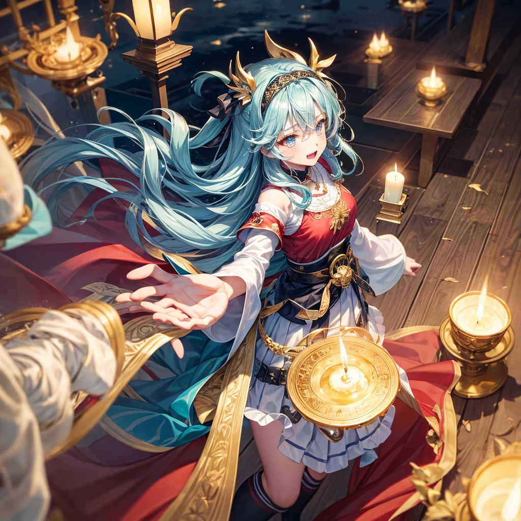 Aqua blue hair、Golden Eyes、Braid、One good looking girl、solo、anime、Checkered mini skirt、Ruffles on the skirt、Red T-shirt、Cape、Gothic、Black knee-high socks、bandana、Fluffy clothes、Wearing a ribbon、Ribbon on waist、Tilting face、Teeth are visible、Sunset sky、Piercing the clouds、Contrail、lotus leaves、Cumulonimbus、Pillar of Light、candle fire、Silver coin necklace、A world of light、Spreading his arms for balance、From above