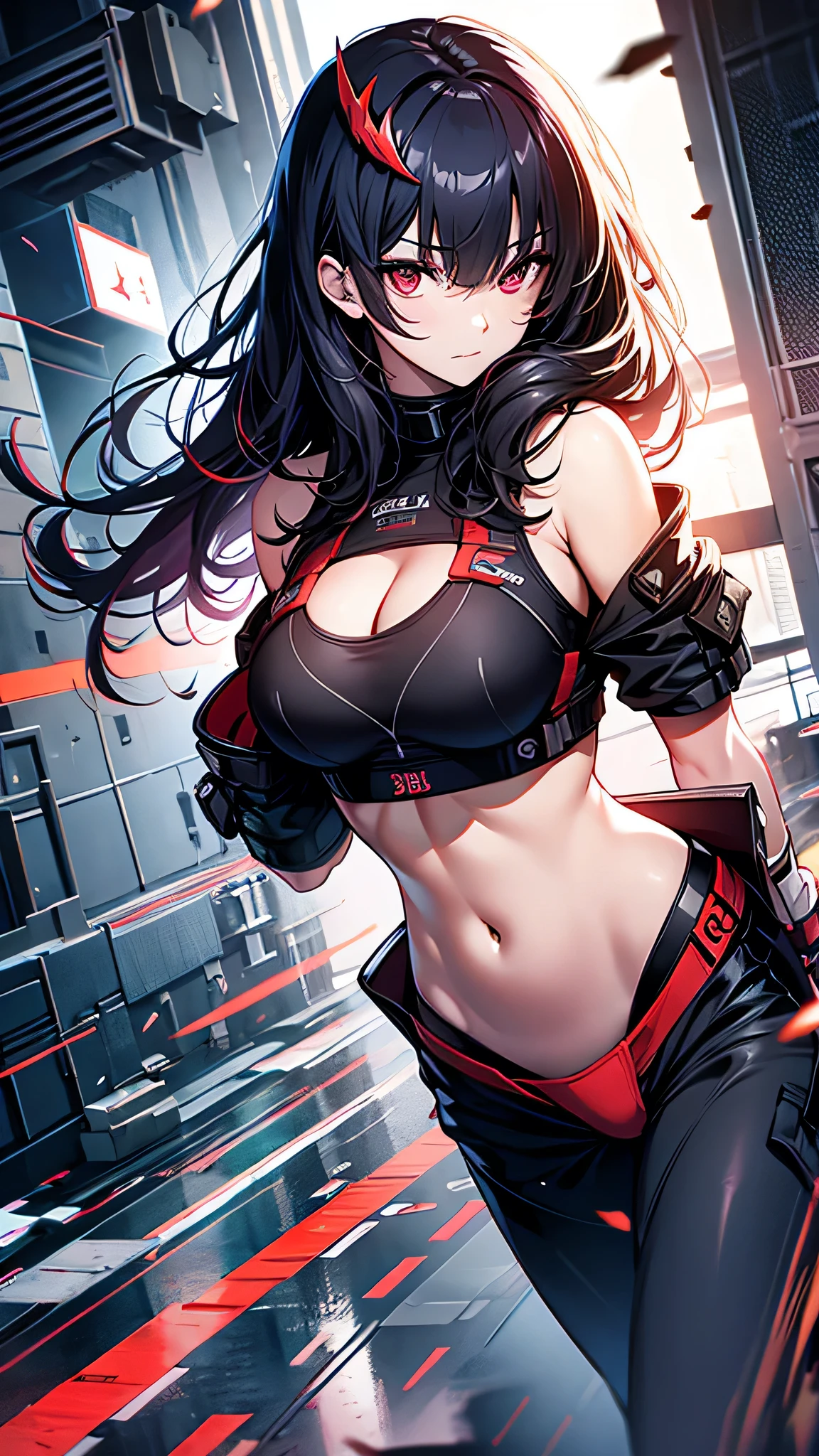 Highest quality、Highest quality、Masterpiece、girl((American、half、18-year-old、as soon as、Highest Bust、Medium Bust、Wide open chest、Red glowing eyes、Black Ear、Red Mesh、Disheveled Hair、Loincloth、thin、The best valley、Open chest、hair ornaments、Full body view、pants、Sports Bra、Random Pause))、high quality、Beautiful Art、background((military base))、flight、Flying Debris、Depth of text、movie、Visual Arts、Perfect Art、8K、Genuine、Special Angles
