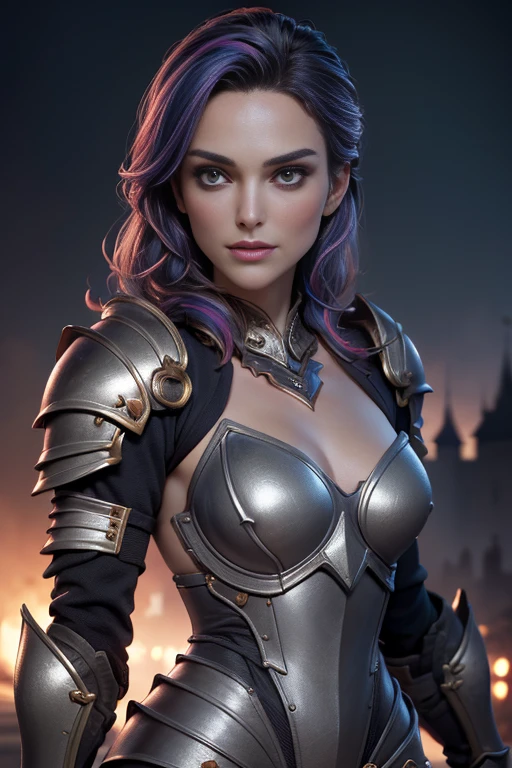 Kiera Knightley, brut, belle femme, ((portrait)), ((detailed face, colorful rainbow hair:1.2)), ((detailed facial feature, detailed skin, peau propre, parted lips), (corps parfaitement proportionné, seins moyens, clivage), (portant une élégante armure dorée, full armor: 1.5)), (high detailed castle: 1.3), (Realistic photo, Best quality, detailed), (Fond d'écran 8K), (Cinematic lighting, Dramatic lighting) (Sharpness, Complexe), topless