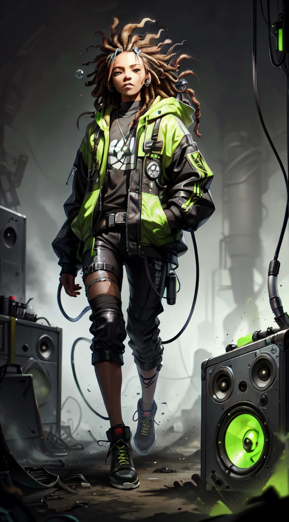 1 rapper with dreads hair, ToxicPunkAI techwear jacket, minimalist abstract ToxicPunkAI music mixer and speakers background, bubbles, melt, detailed, intricate