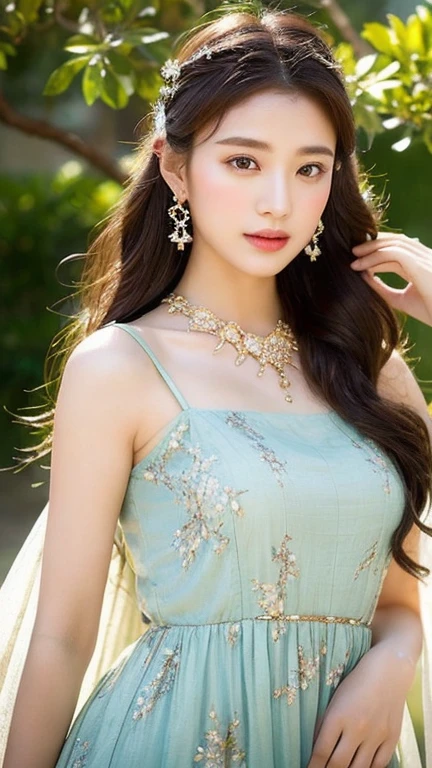 Create a masterpiece image of an exceptionally beautiful Asian girl with an angelic and innocent face. She should be adorned with radiant, intricate jewelry that catches the light, including gemstone earrings, a sparkling necklace, and delicate bracelets. Her attire should be mystical and captivating, made from rich fabrics such as silk and satin, with flowing designs and intricate patterns like classic floral motifs or mystical symbols.
She could be wearing a long dress with light, ethereal layers in enchanting colors like emerald green, twilight purple, or wine red, with meticulously embroidered details in gold or silver thread. Her hair could be long and silky, styled naturally or elegantly pinned up with delicate hair accessories like gold pins or fresh flowers.
The background should be an enchanting setting, perhaps a magical forest with shimmering light filtering through the leaves, or an ancient palace with intricate architecture and flickering candlelight. The lighting in the image should be professionally arranged, with soft rays gently illuminating her body and face, creating a shimmering and magical effect. Her posture and expression should convey a graceful elegance and an otherworldly charm, as if she is a goddess or a character stepping out of legend.