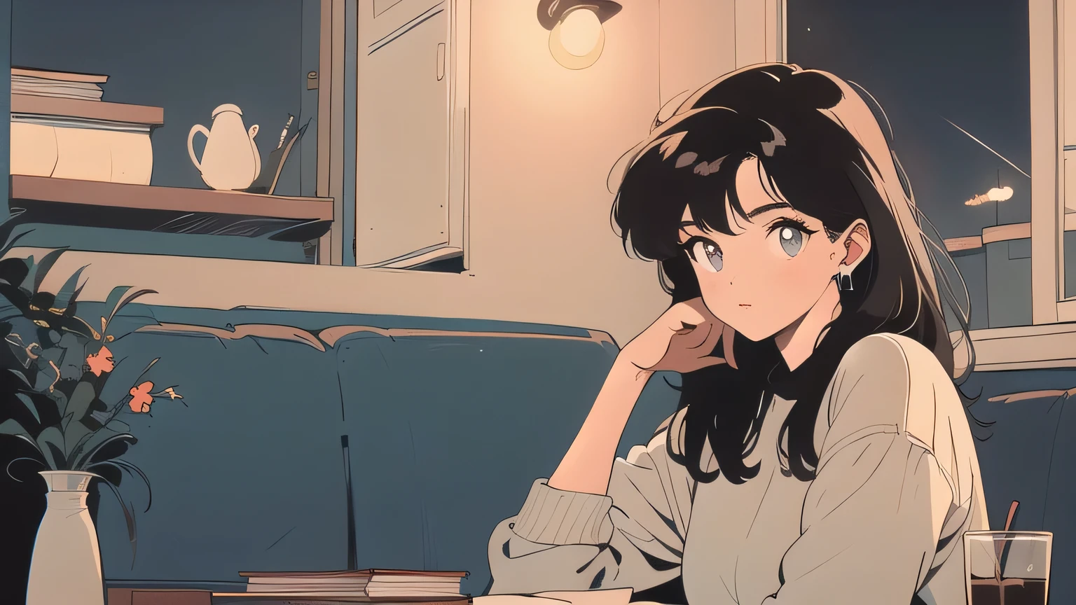 best quality, 4K wallpaper, masterpiece, extremely detailed CG unity 8k wallpaper, extremely detailed eyes, ultra-detailed, intricate details, A brown-haired girl, a relaxed atmosphere, a window with a night sky, a cup of coffee, a retro style, countless books