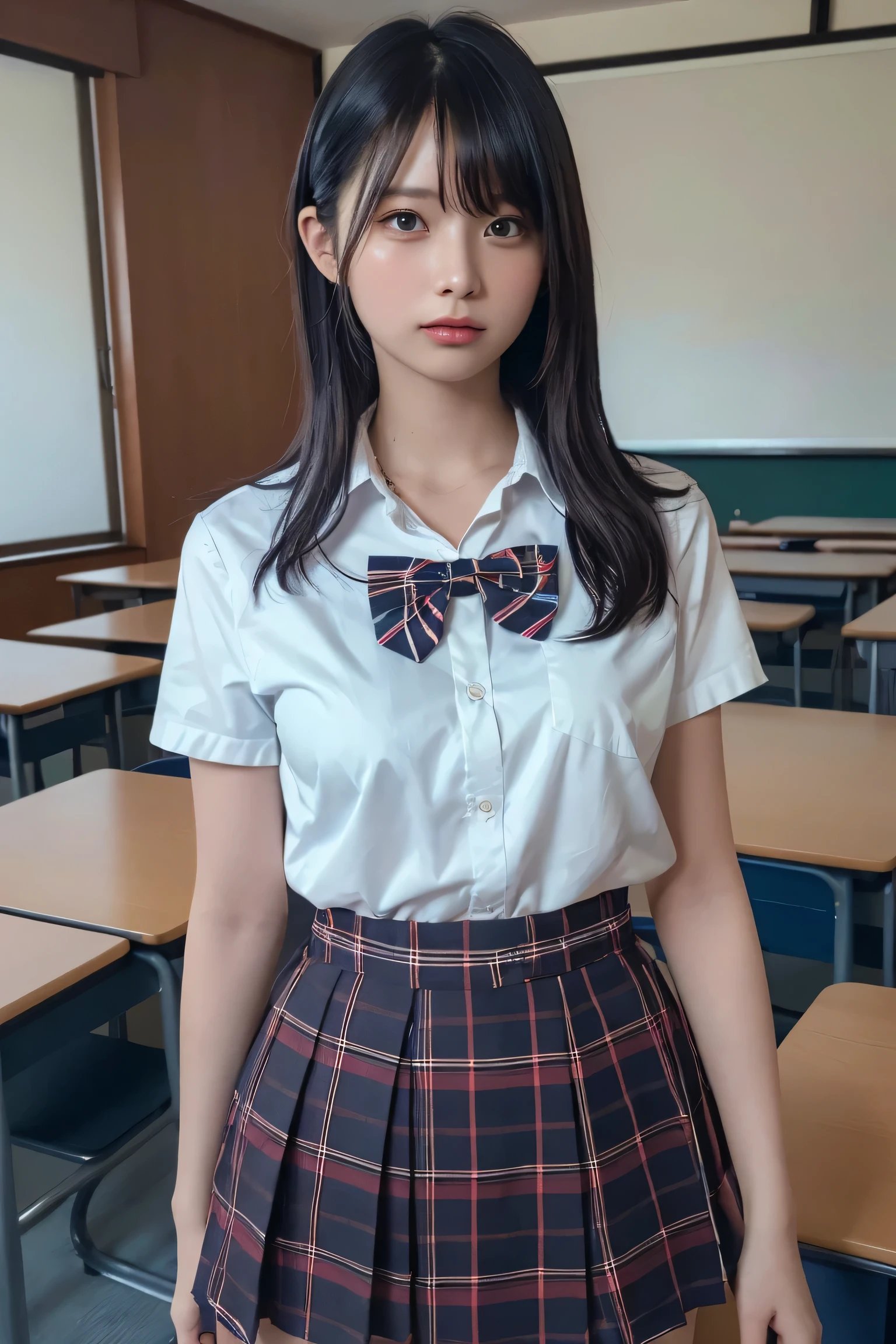 (best quality:1.4),(masterpiece:1.4),(photorealistic:1.4),(Realistic:1.2),(ultra high res, raw photo:1.4),(hdr, hyperdetailed:1.2),(8K:1.2),cinematic photo,photo of black hair,1girl,solo,wearing ,plaid skirt,kneehighs,bowtie,standing,((Japanese classroom)),((Upper Body:1.3))