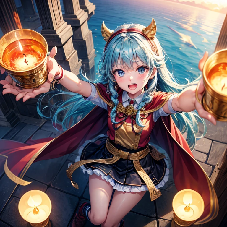 Aqua blue hair、Golden Eyes、Braid、One good looking girl、solo、anime、Checkered mini skirt、Ruffles on the skirt、Red T-shirt、Cape、Gothic、Black knee-high socks、bandana、Fluffy clothes、Wearing a ribbon、Ribbon on waist、Tilting face、Teeth are visible、Sunset sky、Piercing the clouds、Contrail、lotus leaves、Cumulonimbus、Pillar of Light、candle fire、Silver coin necklace、A world of light、Spreading his arms for balance、From above