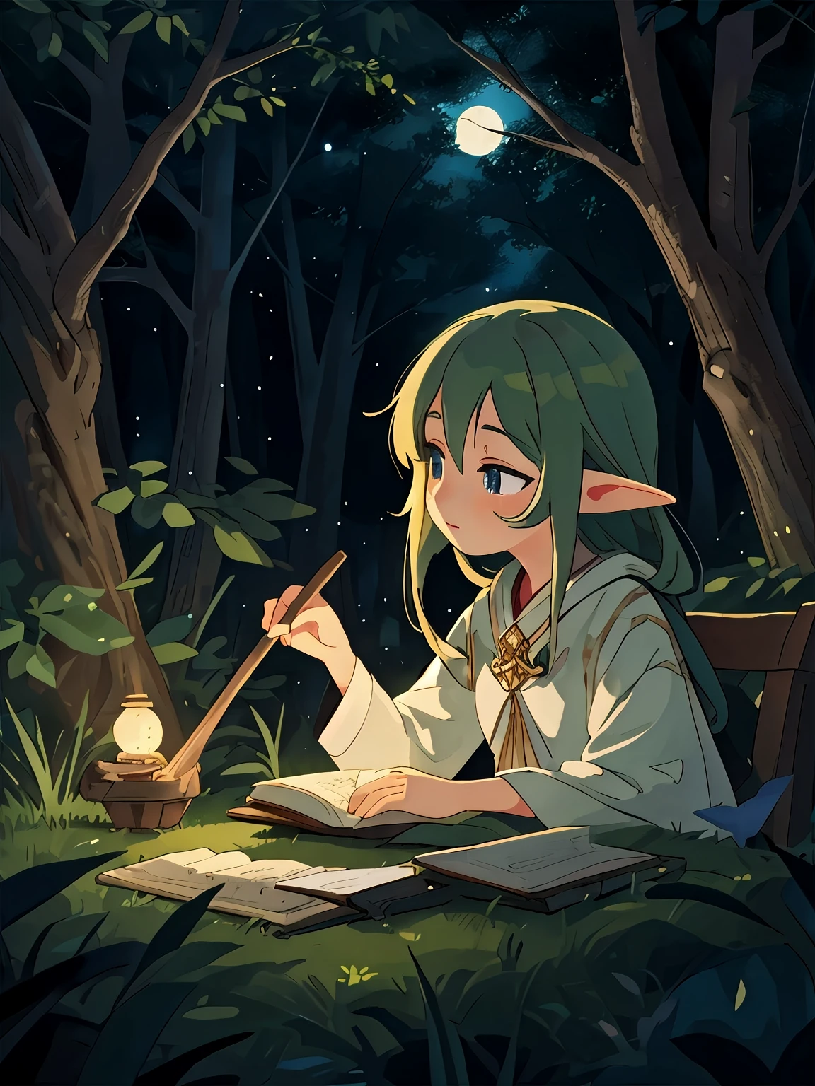 In the woods on a moonlit and starlit night、Image of a quiet elf。The elf&#39;s graceful pose and shining eyes、It creates a mysterious and romantic atmosphere.。