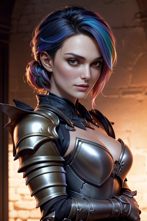 Kiera Knightley, brut, belle femme, ((portrait)), ((detailed face, colorful rainbow hair:1.2)), ((detailed facial feature, detailed skin, peau propre, parted lips), (corps parfaitement proportionné, seins moyens, clivage), (portant une élégante armure dorée, full armor: 1.5)), armure d'or avec beaucoup de détails, topless, (high detailed castle: 1.3), (Realistic photo, Best quality, detailed), (Fond d'écran 8K), (Cinematic lighting, Dramatic lighting) (Sharpness, Complexe)