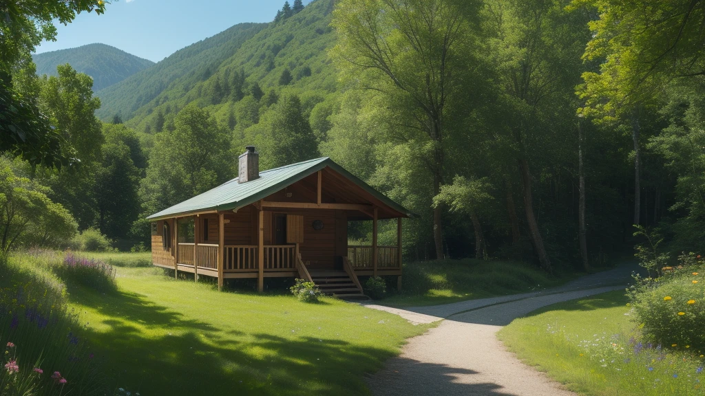 a peaceful summer landscape, rolling hills, lush green meadows, wildflowers, a serene lake reflecting the sky, a wooden cabin nestled among tall pine trees, a dirt path winding through the scenery, birds flying overhead, warm golden sunlight filtering through the leaves, (best quality, 8k, highres, masterpiece:1.2), ultra-detailed, photorealistic, vivid colors, natural lighting, landscape, summer