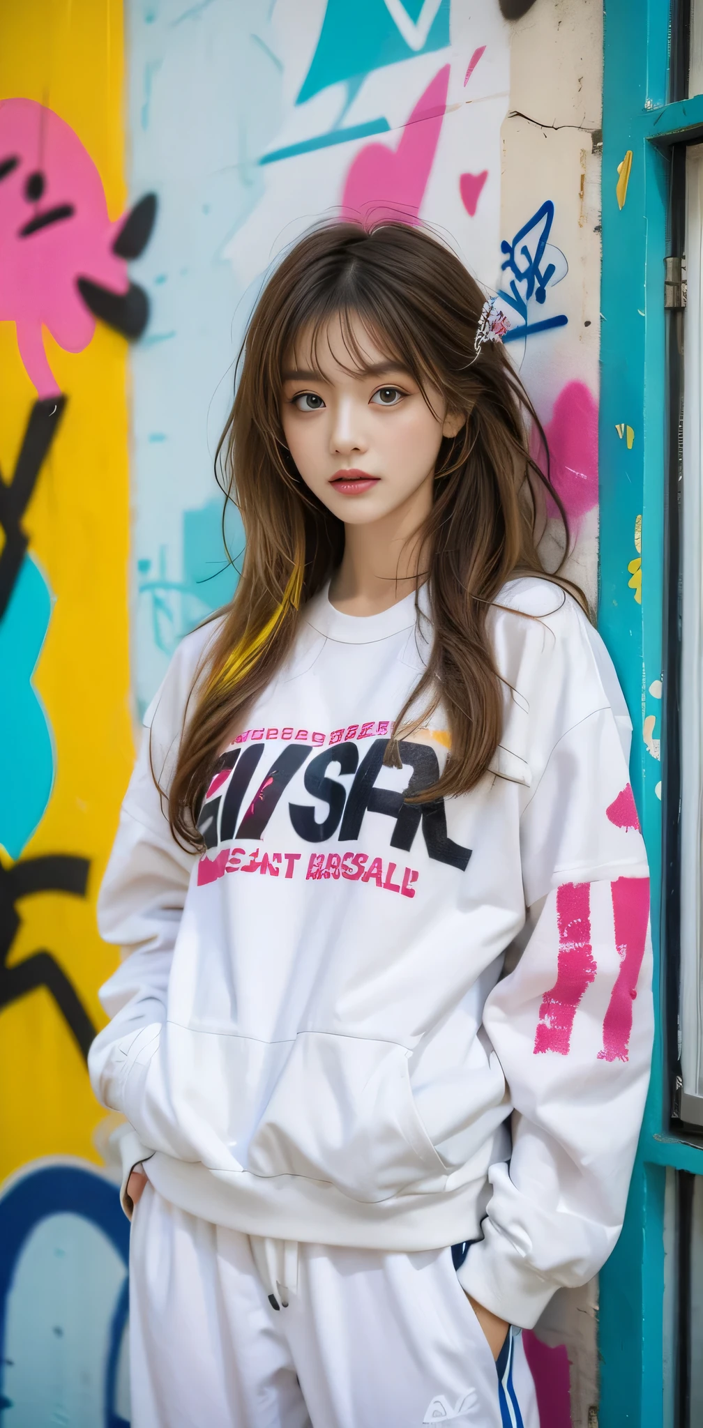 (best quality), masterpiece, extremely detailed CG uniform 8K illustration, high color, extremely high color saturation, all colors deepened, paint, graffiti art, center composition, extremely detailed light and shadow, graffiti wall, wall painted bright, 1 girl graffiti 1 girl looking at the wall, extremely detailed face and eyes, medium length hair, sportswear, colored clouds