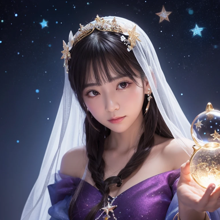 Description: Under the starlight、夜空をbackgroundに立つ40代の男性。With a calm expression、Has a mysterious aura。
background: Starry Sky、月や星座が描かれた神秘的なbackground。
Small items: Star-shaped accessories、Crystal ball in hand。