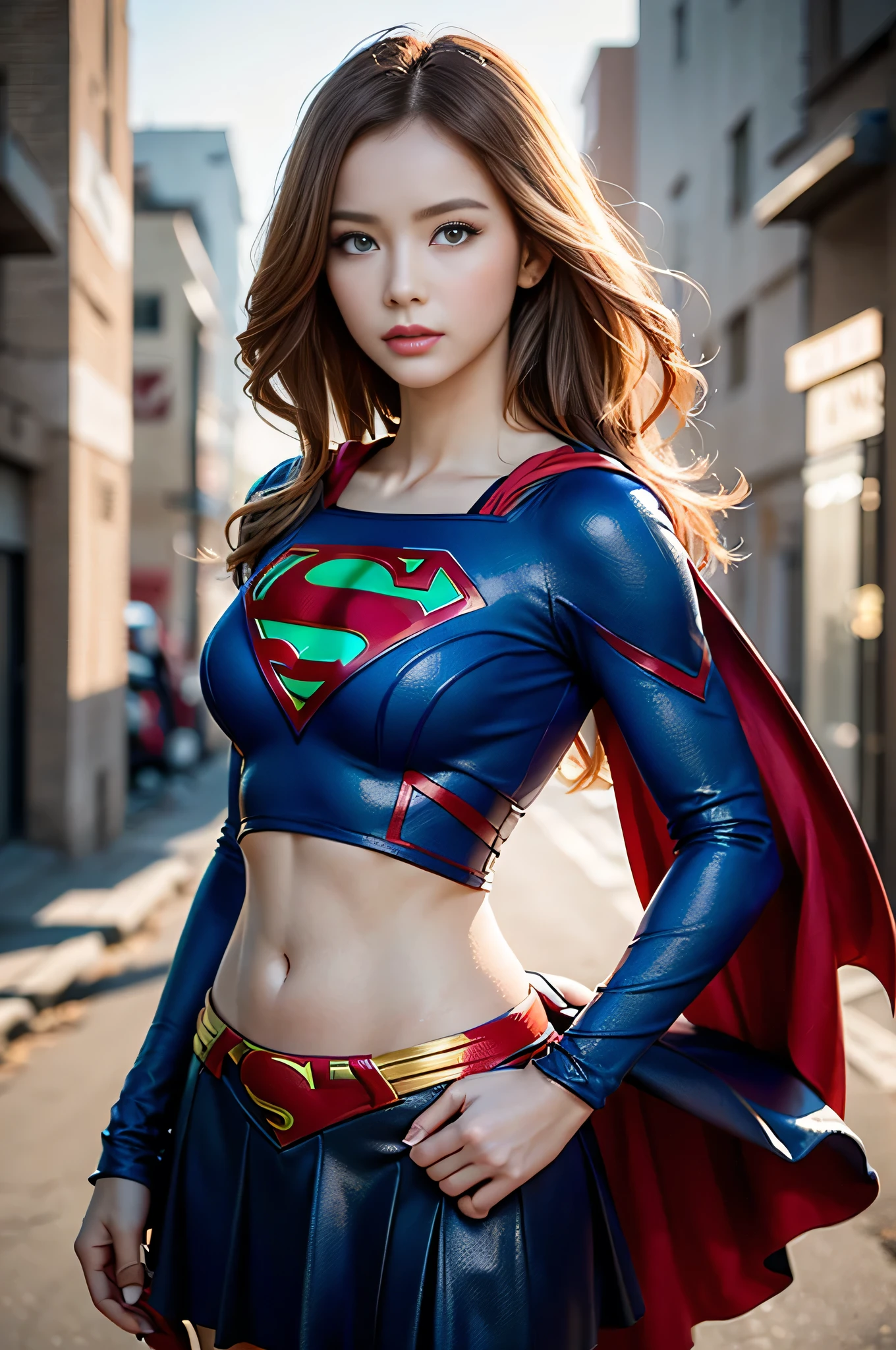 Strong and cool Supergirl photo portrait、8K、Dark outfits、Dreamy and magical atmosphere、（Superheroine costumes、Superman logo on chest）、（white male、Feminine abs）、(A beautiful Blue eyes、Light blonde hair、White Skin Skin、eye liner、False lashes、slender eyes、 shining skin、high gloss skin、Constriction、Professional lighting、Belly Navel、a perfect face、Perfect style）、（20 age old、adult lady、milf woman、Wide waist、thights、shadings、Back lighting）、from front view、Cool Beauty、cow-boy shot、Standing、Face down and looking at the camera、(Red skirt)、realisticeyes、 eyes in beautiful detail、(real-looking-skin)、Attractive ultra-high resolution、ultra hyperrealistic、extremly detailed、the golden ratio、Background is a dystopian building street in the evening、