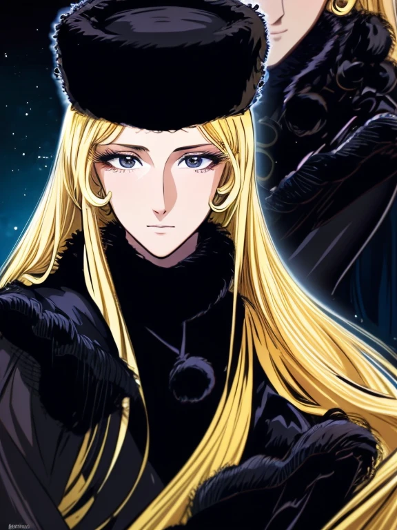 masterpiece, highest quality, Very detailed, 16k, Ultra-high resolution, Cowboy Shot, Detailed face, Perfect Fingers, A 20-year-old woman, Garden of the mansion, maetel, long hair, blonde hair, fur trim, black headwear, fur hat, dress