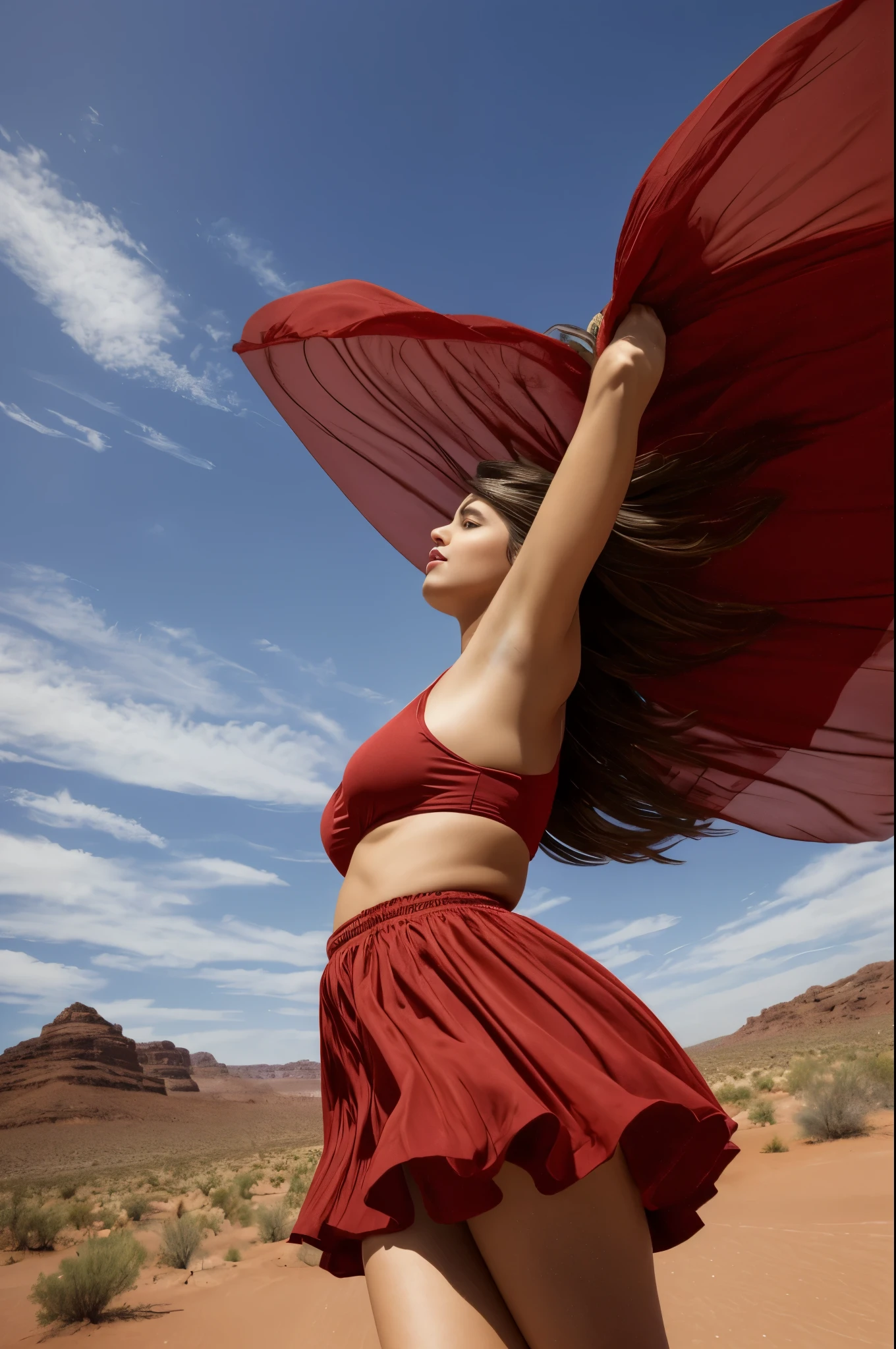 (YES SFW), beauty plump woman with brown hair in red shoes in red,Refined looks,Fairy air fluttering,The gauze skirt flew up,Take photos in the desert,ultra-realistic realism,color field printing,high detal,hyper HD,anatomy correct,cinematic lighting 4d quality. Perfect simmetrical face. The perspective is from below, emphasizing the sheer majesty and power of the woman. ((The perspective is from below, emphasizing the sheer majesty and power of the woman))