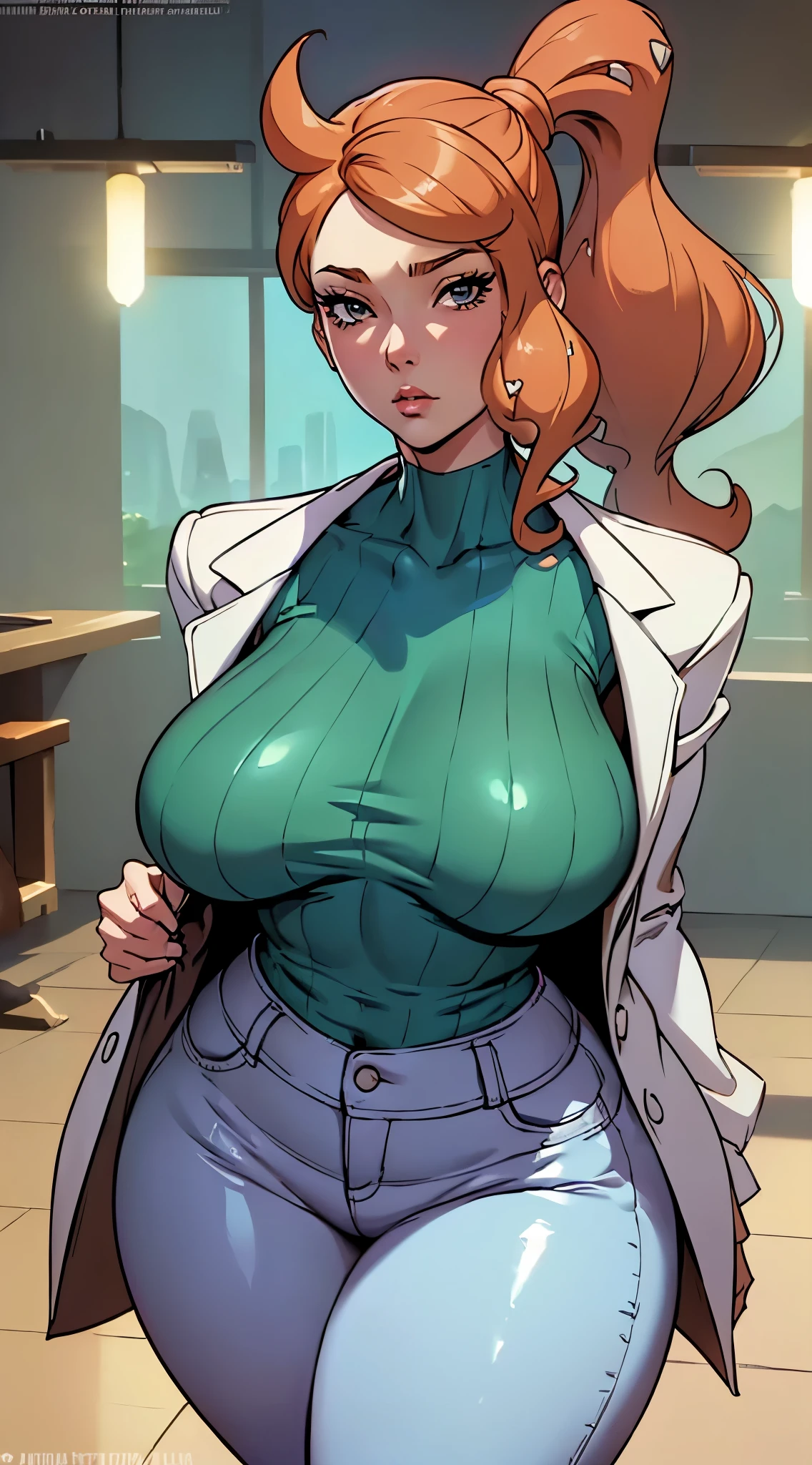 a close up of a cartoon of a woman with large breasts, sexy body, Sonia from pokemon, cutesexyrobutts, artgerm and lois van baarle, style artgerm, high quality fanart, unparalleled masterpiece, tank top, tight pants, lab coat, arms behind head, ultra realistic 8k CG, perfect artwork, (1girl:1.1), solo, ((perfect female figure)), looking at viewer, (teasing), best quality:1.1 , seductive posture, sexy pose, alluring, (beautiful), earrings, jewelry, (large breasts:1.3, (big_breasts:1.1), (shiny skin:1.2), (hdr), (tropical paradise:1.2), Nikon D850 film stock photograph Kodak Portra 400 camera f1.6 lens, rich colors, lifelike texture, dramatic lighting, unreal engine, trending on ArtStation, by Gerald Brom, by Frank Frazetta, by Luis Royo, by Julie Bell, by Boris Vallejo