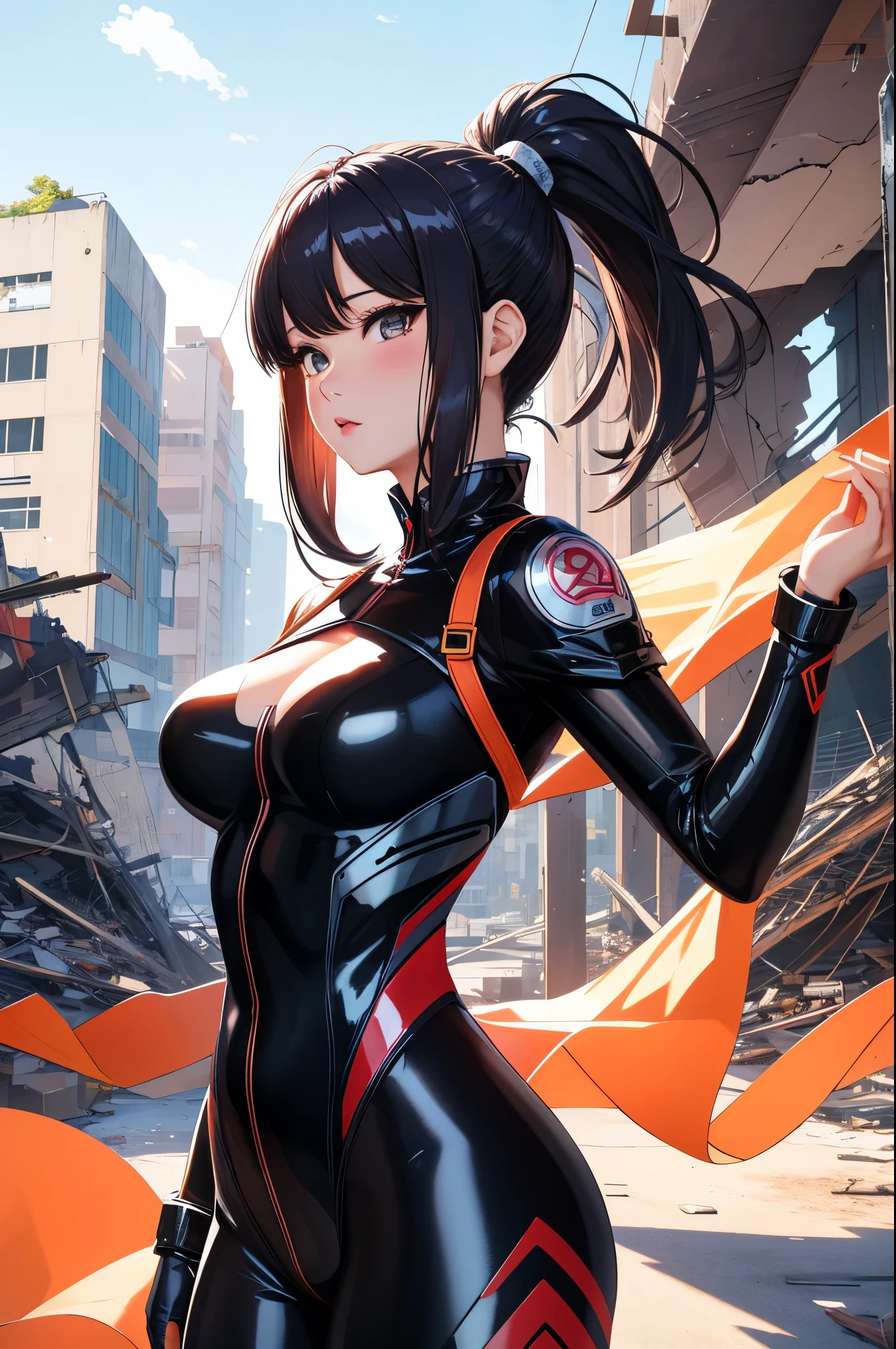 best quality, 1girl, masterpiece ultra detailed, illustration, yang guifei, glossy lips, dynamic pose, ponytail, bodysuit, catsuit, (looking awa), ((ruins)), ruined city