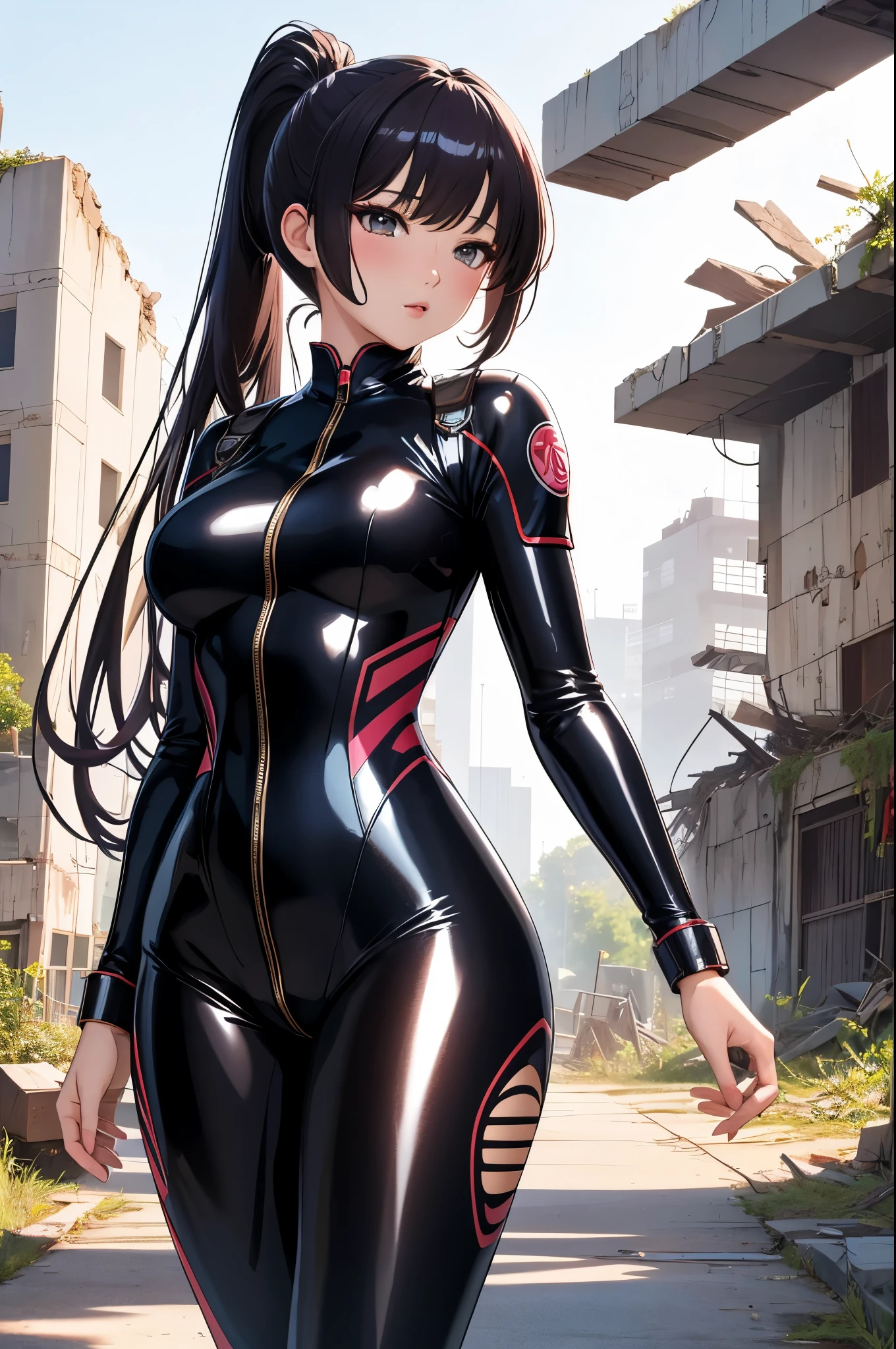 best quality, 1girl, masterpiece ultra detailed, illustration, yang guifei, glossy lips, dynamic pose, ponytail, bodysuit, catsuit, (looking awa), ((ruins)), ruined city