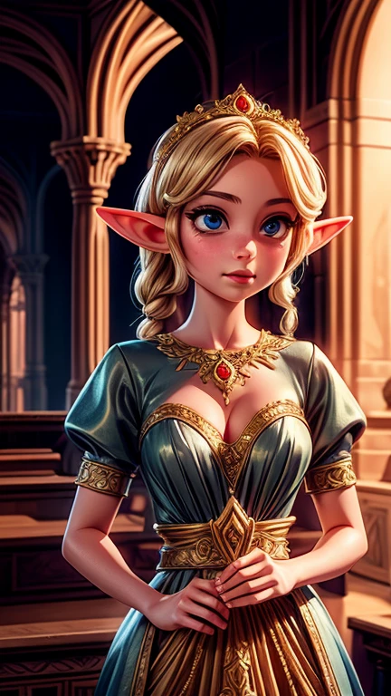 a beautiful elf princess, palace, attendants, princess gown, intricate details, ornate architecture, warm lighting, fantasy, digital art, cinematic, highly detailed, 8k, photorealistic