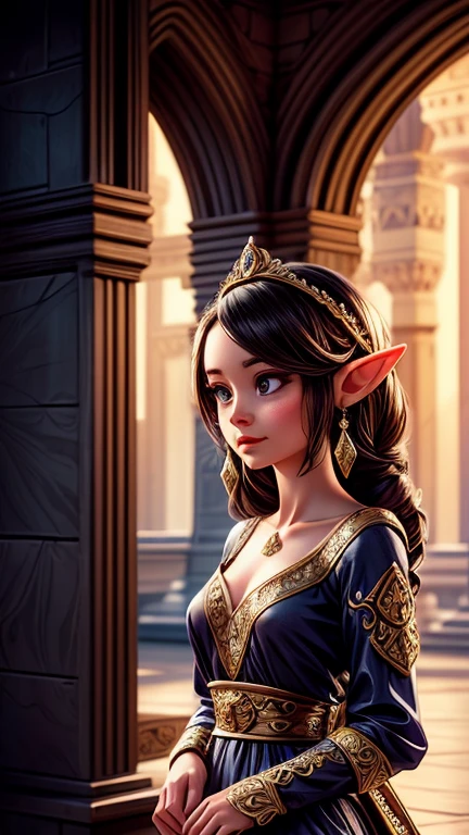 a beautiful elf princess, palace, attendants, princess gown, intricate details, ornate architecture, warm lighting, fantasy, digital art, cinematic, highly detailed, 8k, photorealistic