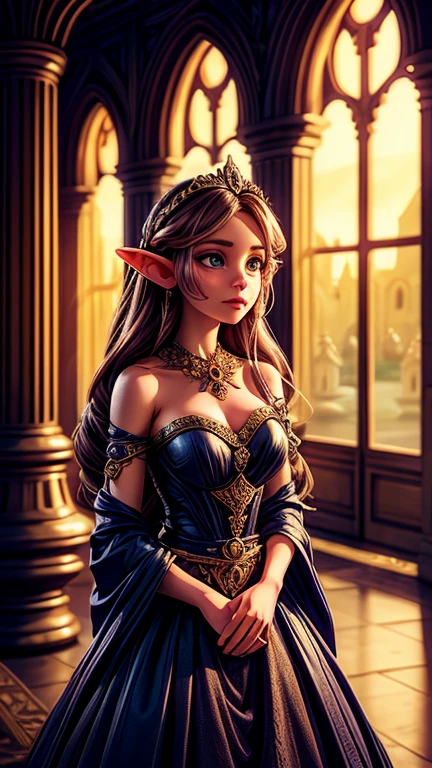 a beautiful elf princess, palace, attendants, princess gown, intricate details, ornate architecture, warm lighting, fantasy, digital art, cinematic, highly detailed, 8k, photorealistic