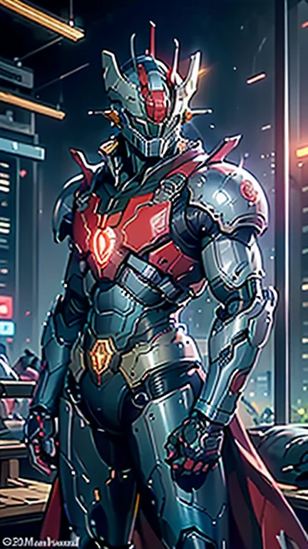 A man wearing a full-face helmet, Fantasy-style biotech armored combat suit, Green Eyes, (Composite breastplate), Fully enclosed shoulder pads, Matching arm and leg guards, Belt with Z logo, (The color scheme is mainly white，With red and blue accents), Designed to strike a balance between weight and flexibility, High-tech biological mecha, (by《Mazinger Z》Inspired armor concept, Standing on top of a skyscraper in a futuristic sci-fi city), This character embodies an elaborate anime style armored hero in a fantasy surreal style, Exquisite and mature comic art style, (Battle damage, element, plasma, vitality, Armor glows), ((male:1.5)), Metal, Real texture material, Dramatic, HD, best quality, High resolution, Extremely detailed, Super Fine, Extremely subtle, professional, Perfect body proportions, Golden Ratio, Anatomically correct, Symmetrical face, Extremely detailed eyes and face, High quality eyes, creativity, RAW photos, Ultra HD, 32k, Natural light, movie lighting, masterpiece-anatomy-perfect, masterpiece:1.5
