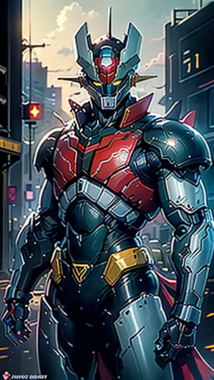 A man wearing a full-face helmet, Fantasy-style biotech armored combat suit, Green Eyes, (Composite breastplate), Fully enclosed shoulder pads, Matching arm and leg guards, Belt with Z logo, (The color scheme is mainly white,With red and blue accents), Designed to strike a balance between weight and flexibility, High-tech biological mecha, (by《Mazinger Z》Inspired armor concept, Standing on top of a skyscraper in a futuristic sci-fi city), This character embodies an elaborate anime style armored hero in a fantasy surreal style, Exquisite and mature comic art style, (Battle damage, element, plasma, vitality, Armor glows), ((male:1.5)), Metal, Real texture material, Dramatic, HD, best quality, High resolution, Extremely detailed, Super Fine, Extremely subtle, professional, Perfect body proportions, Golden Ratio, Anatomically correct, Symmetrical face, Extremely detailed eyes and face, High quality eyes, creativity, RAW photos, Ultra HD, 32k, Natural light, movie lighting, masterpiece-anatomy-perfect, masterpiece:1.5