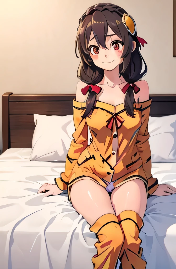 (masterpiece, highest quality), One girl, Yunyun,Long Hair,Braiding,Twin tails,Hair between the eyes,Hair Ribbon,hair ornaments,Red Eyes,Big Breasts,(Yellow off-the-shoulder pajamas),Pink Pants,A shy smile,Lie face up on the bed,No pants