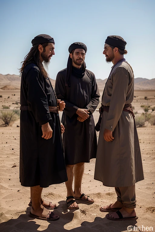 Create an image where three men in Hebrew clothes stop in the middle of the desert and talk to each other.