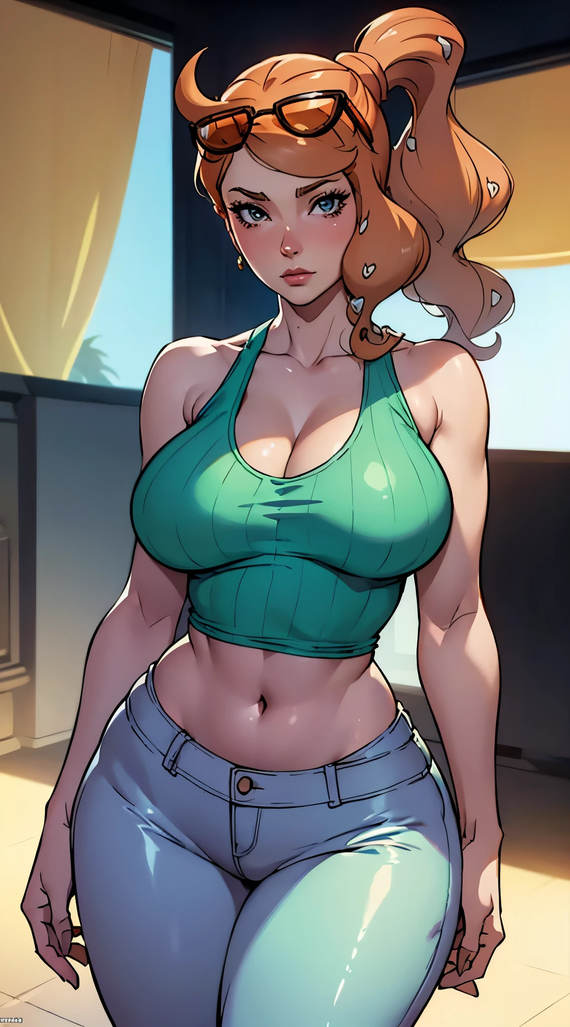 a close up of a cartoon of a woman with large breasts, sexy body, navel, Sonia from pokemon, cutesexyrobutts, artgerm and lois van baarle, style artgerm, high quality fanart, unparalleled masterpiece, ((tank top)), tight pants, lab coat, arms behind head, ultra realistic 8k CG, perfect artwork, (1girl:1.1), solo, ((perfect female figure)), looking at viewer, (teasing), best quality:1.1 , seductive posture, sexy pose, alluring, (beautiful), earrings, jewelry, (large breasts:1.3, (big_breasts:1.1), (shiny skin:1.2), (hdr), (tropical paradise:1.2), Nikon D850 film stock photograph Kodak Portra 400 camera f1.6 lens, rich colors, lifelike texture, dramatic lighting, unreal engine, trending on ArtStation, by Gerald Brom, by Frank Frazetta, by Luis Royo, by Julie Bell, by Boris Vallejo