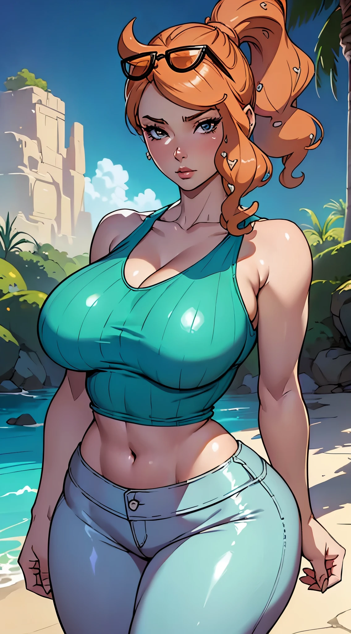 a close up of a cartoon of a woman with large breasts, sexy body, navel, Sonia from pokemon, cutesexyrobutts, artgerm and lois van baarle, style artgerm, high quality fanart, unparalleled masterpiece, ((tank top)), tight pants, lab coat, arms behind head, ultra realistic 8k CG, perfect artwork, (1girl:1.1), solo, ((perfect female figure)), looking at viewer, (teasing), best quality:1.1 , seductive posture, sexy pose, alluring, (beautiful), earrings, jewelry, (large breasts:1.3, (big_breasts:1.1), (shiny skin:1.2), (hdr), (tropical paradise:1.2), Nikon D850 film stock photograph Kodak Portra 400 camera f1.6 lens, rich colors, lifelike texture, dramatic lighting, unreal engine, trending on ArtStation, by Gerald Brom, by Frank Frazetta, by Luis Royo, by Julie Bell, by Boris Vallejo