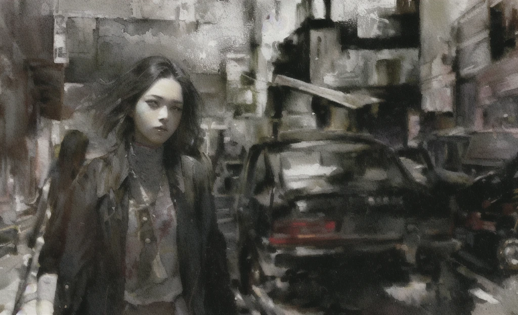 There is a woman walking down the street with a purse, ((Saturation)), inspired by Ayako Rokkaku, apocalyptic grunge, Mysterious Coffee Shop Girl, Post-Grunge Portrait, yoh yoshinori, inspired by Ayami Kojima, Set in a post-apocalyptic Tokyo, Inspired by Jason Teraoka, Dirty woman, japanese horror movie footage, Watercolor