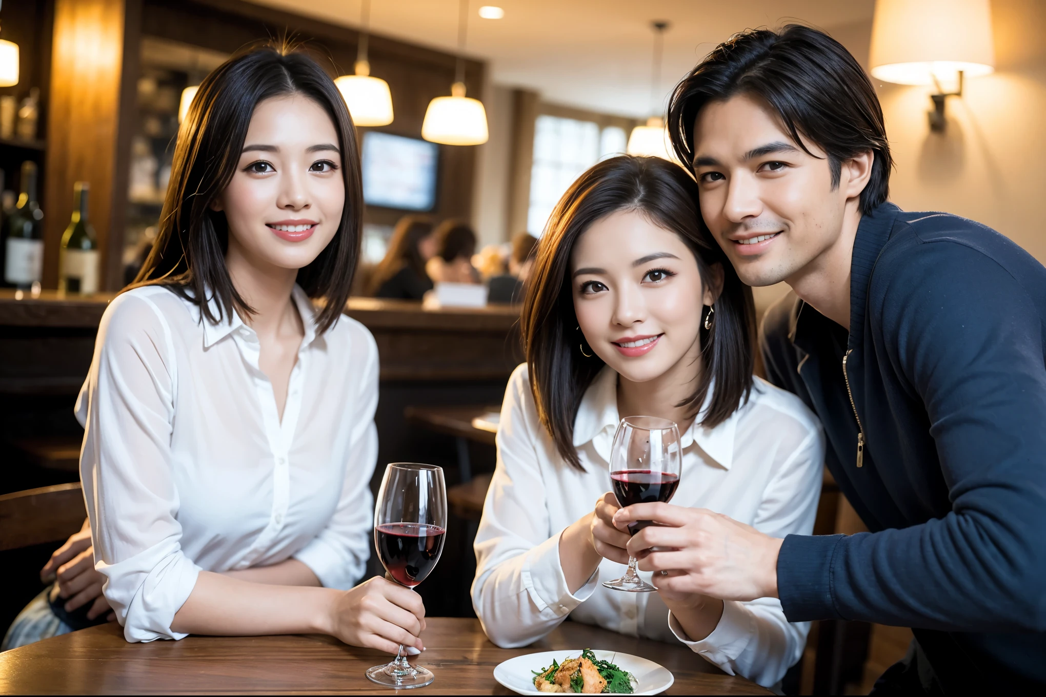 ((highest quality、8k、masterpiece:1.3))、1 male、1 female、Satomi Ishihara-like beautiful couple、Spouse、Couple、The body is slim、((Bob Hale、Straight hair:1.2)), (Realistic, Intricate details:1.2), Wine glass on the table、Put the light on your face、 Amazing view of the sunset sky and clouds、Amazing mountain views、A bright smile、The wonderfulness of smile、Bright image、The beauty of wine, Beautiful Face, blue eyes, The light shines on your face, Blushing, short hair,Bright Face、 (Age 37), Age 35, red wine 、Appetizers、Italian food、Wine bottle、Champagne、sparkling wine、Two beauties、Brown Hair、Shortcuts、Long sleeve shirt、dress、Pretty Woman 1, (Slim face), (The body is slim), (Brown Hair), (Shortcuts), cheeks turn a little red,Attractive beauty、restaurant, In a prominent place (From the waist up) Nova Frog Style, actress, model, Upper Body, White wine, slim, wine glass, A wine glass placed in the center, smile, (smile: 1.15), Beautiful fine grain, Depth f/2,saturation, High Contrast, Strong light and shadow,Moist Body:1.5、3D texture、Delicate eyes、Brown Hair、The hair is very shiny、