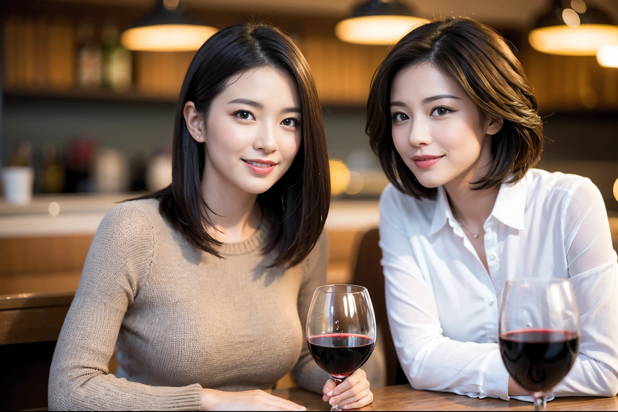 ((highest quality、8k、masterpiece:1.3))、1 male、1 female、Satomi Ishihara-like beautiful couple、Spouse、Couple、The body is slim、((Bob Hale、Straight hair:1.2)), (Realistic, Intricate details:1.2), Wine glass on the table、Put the light on your face、 Amazing view of the sunset sky and clouds、Amazing mountain views、A bright smile、The wonderfulness of smile、Bright image、The beauty of wine, Beautiful Face, blue eyes, The light shines on your face, Blushing, short hair,Bright Face、 (Age 37), Age 35, red wine 、Appetizers、Italian food、Wine bottle、Champagne、sparkling wine、Two beauties、Brown Hair、Shortcuts、Long sleeve shirt、dress、Pretty Woman 1, (Slim face), (The body is slim), (Brown Hair), (Shortcuts), cheeks turn a little red,Attractive beauty、restaurant, In a prominent place (From the waist up) Nova Frog Style, actress, model, Upper Body, White wine, slim, wine glass, A wine glass placed in the center, smile, (smile: 1.15), Beautiful fine grain, Depth f/2,saturation, High Contrast, Strong light and shadow,Moist Body:1.5、3D texture、Delicate eyes、Brown Hair、The hair is very shiny、