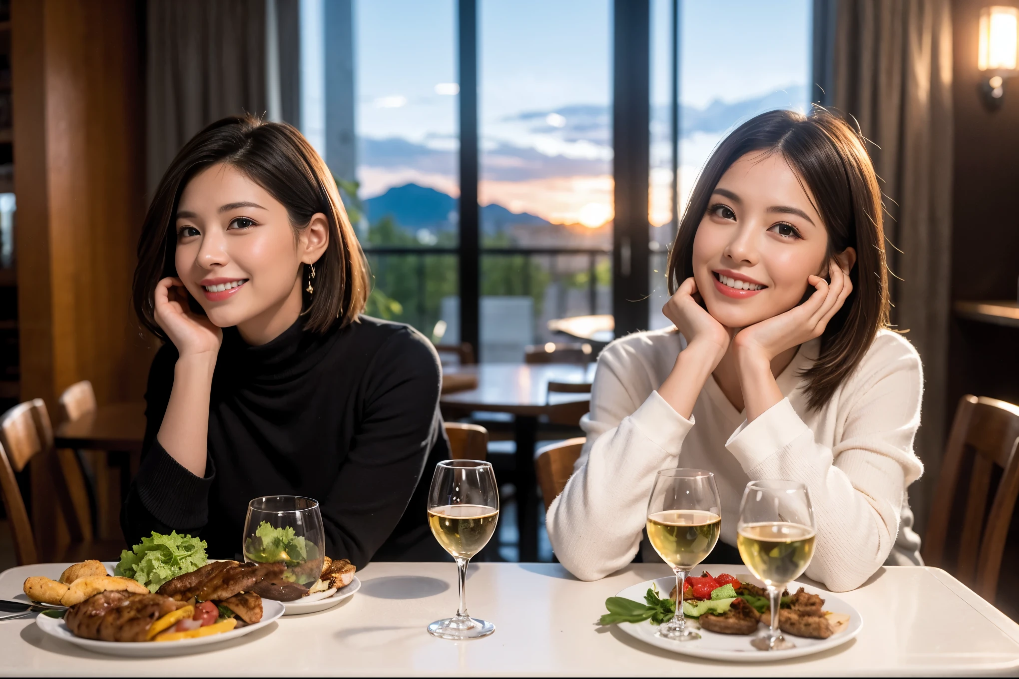 ((highest quality、8k、masterpiece:1.3))、1 male、1 female、Satomi Ishihara-like beautiful couple、Spouse、Couple、The body is slim、((Bob Hale、Straight hair:1.2)), (Realistic, Intricate details:1.2), Wine glass on the table、Put the light on your face、 Amazing view of the sunset sky and clouds、Amazing mountain views、A bright smile、The wonderfulness of smile、Bright image、The beauty of wine, Beautiful Face, blue eyes, The light shines on your face, Blushing, short hair,Bright Face、 (Age 37), Age 35, red wine 、Appetizers、Italian food、Wine bottle、Champagne、sparkling wine、Two beauties、Brown Hair、Shortcuts、Long sleeve shirt、dress、Pretty Woman 1, (Slim face), (The body is slim), (Brown Hair), (Shortcuts), cheeks turn a little red,Attractive beauty、restaurant, In a prominent place (From the waist up) Nova Frog Style, actress, model, Upper Body, White wine, slim, wine glass, A wine glass placed in the center, smile, (smile: 1.15), Beautiful fine grain, Depth f/2,saturation, High Contrast, Strong light and shadow,Moist Body:1.5、3D texture、Delicate eyes、Brown Hair、The hair is very shiny、