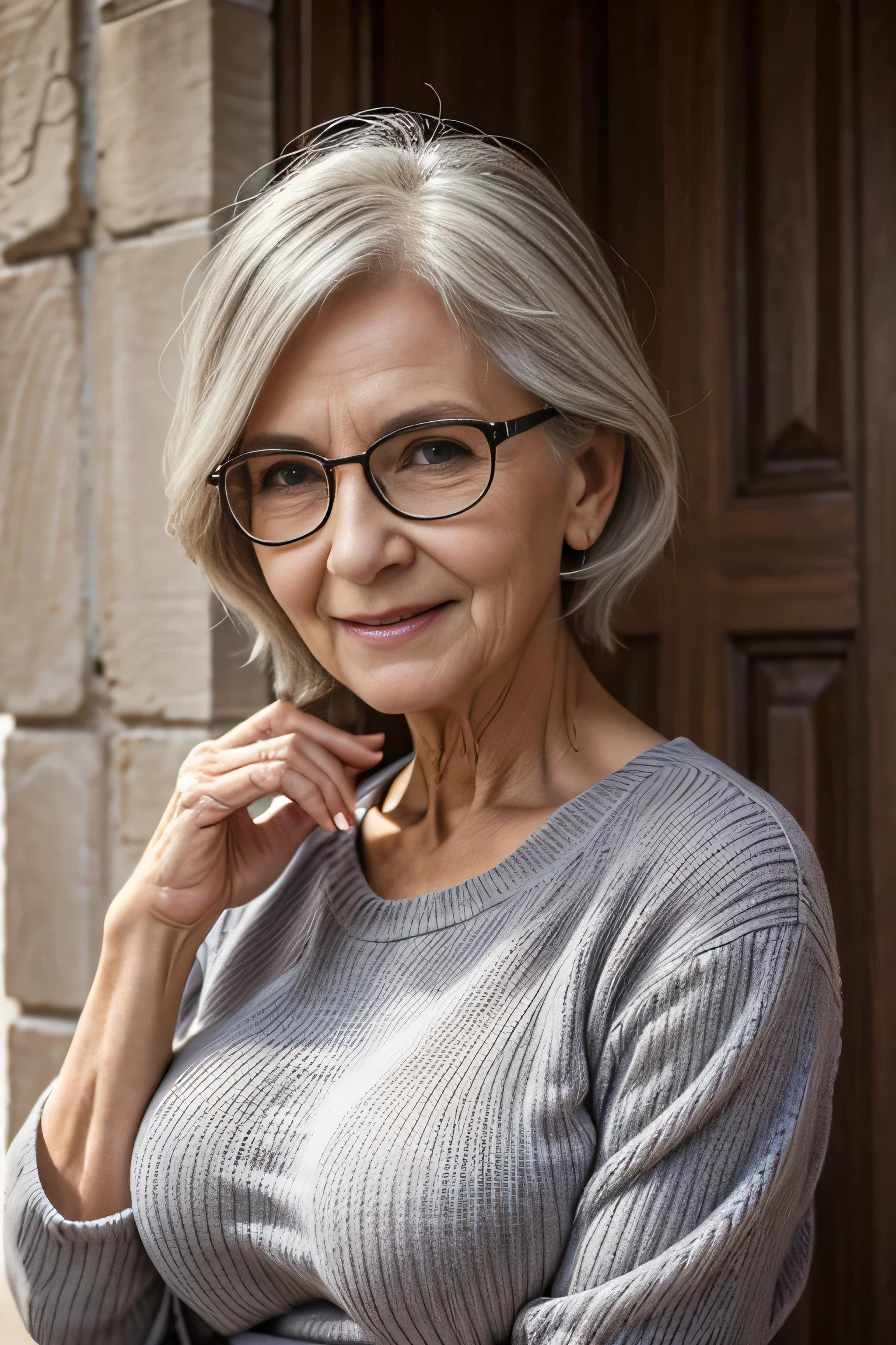 (casual wear:1.3),(70-year-old woman:1.4),(Wrinkles on the face,wrinkled body1.5),smile,(gray hair:1.2),square glasses,(old mature woman:1.3),long sauvage hair
BREAK
city,(realistic:1.2),milfAva,ava,naked,mature,milf_boobs,beauty milf,Czech Mature