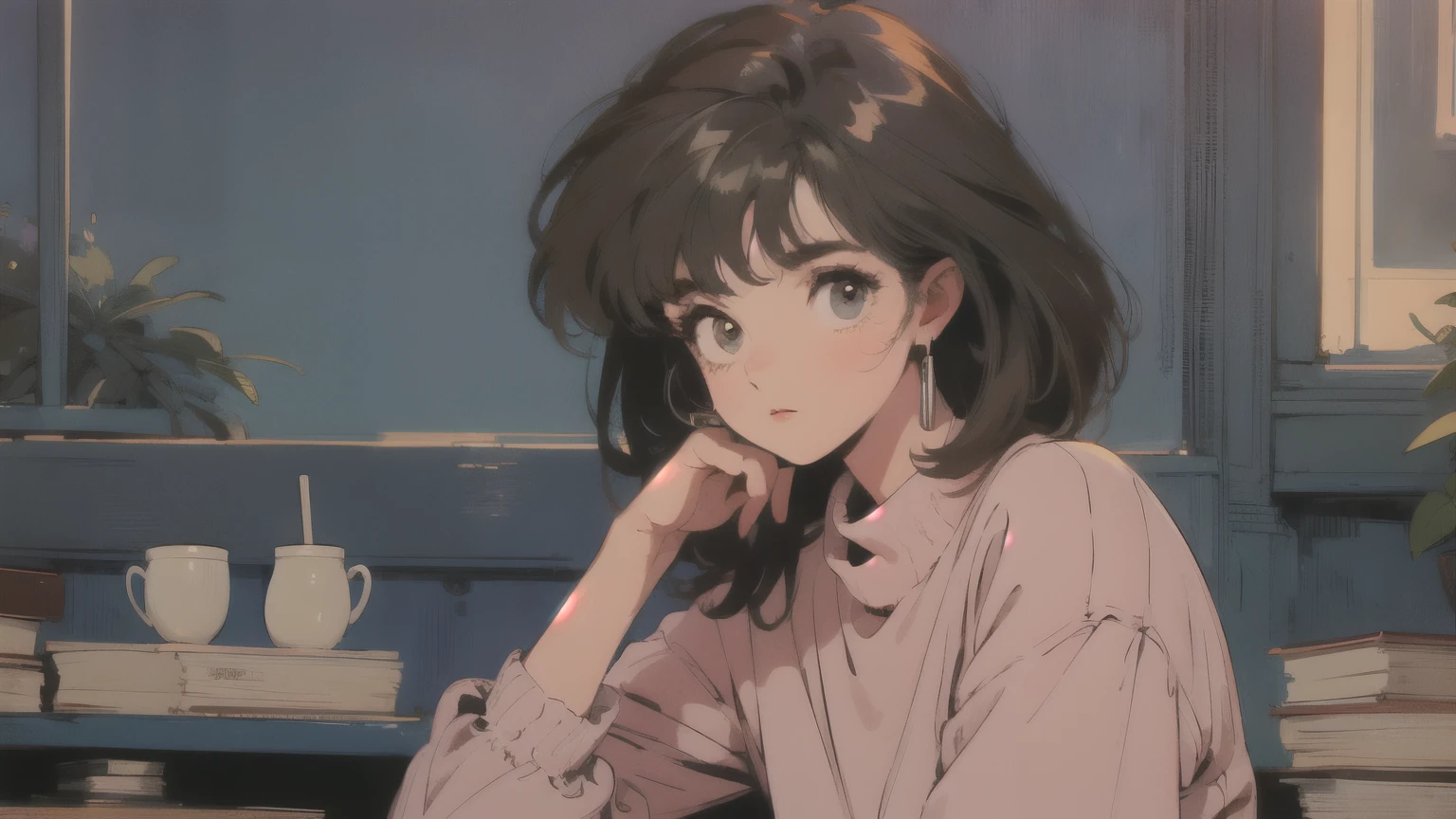 best quality, 4K wallpaper, masterpiece, extremely detailed CG unity 8k wallpaper, extremely detailed eyes, ultra-detailed, intricate details, A brown-haired girl, a relaxed atmosphere, a window with a night sky, a cup of coffee, a retro style, countless books