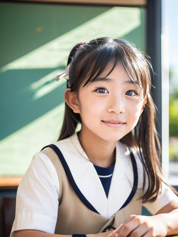 lens: 135mm f1.8, (highest quality),(RAW Photos), (Tabletop:1.1), (Beautiful 12 year old Japanese girl), Cute Face, (Deeply chiseled face:0.7), (freckles:0.4), dappled sunlight, Dramatic lighting, (Japanese School Uniform), (In the classroom), shy, (Close-up shot:1.2), (Serious face),, (Sparkling eyes)、(sunlight), ponytail