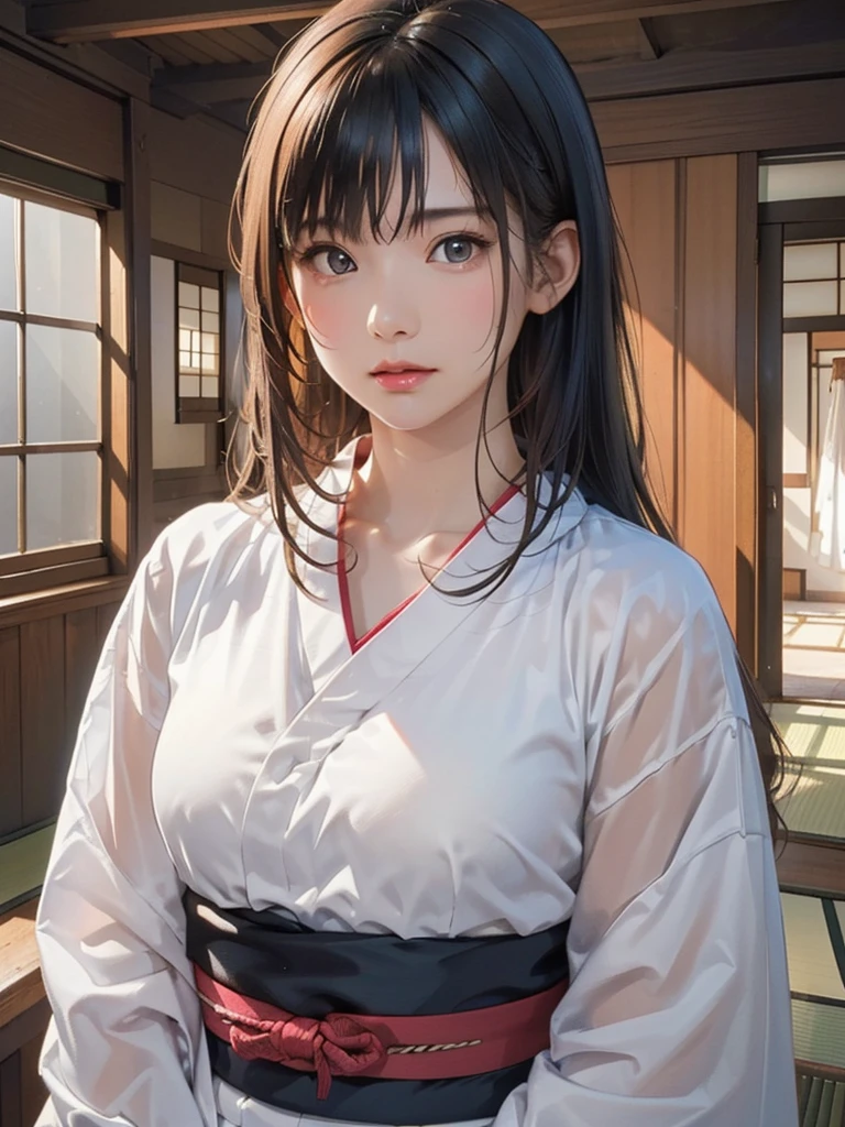 (highest quality、8k、32k、masterpiece)、(masterpiece,up to date,Exceptional:1.2), anime,One girl,Front hair,black_hair, Beautiful 8k eyes,Looking_in_Audience,One person in,Are standing,((Very beautiful woman, Fuller lips, Japanese pintern kimono))、((Colorful Japanese kimono)))、(((Medium Shot)))、Blunt bung、(High resolution)、Very beautiful face and eyes、1 girl 、Round and small face、Narrow waist、delicine body、(highest quality high detail Rich skin details)、(highest quality、8k、Oil paints:1.2)、Very detailed、(Realistic、Realistic:1.37)、Bright colors、(((blackhair)))、(((Blunt bung,Long Hair)))、(((cowboy pictures)))、((( Inside an old Japanese house with a (short focus lens:1.4),)))、(masterpiece, highest quality, highest quality, Official Art, beautifully、aesthetic:1.2), (One girl), Very detailedな,(Fractal Art:1.3),colorful,Most detailed,Sengoku period(High resolution)、Very beautiful face and eyes、1 girl 、Round and small face、Tight waist、Delicine body、(highest quality high detail Rich skin details)、(highest quality、8k、Oil paints:1.2)、(Realistic、Realistic:1.37)、Greg Rutkowski Written by Alphonse Mucha Ropp,short ,uchikake,nishijin ori,(realistic light and shadow), (real and delicate background),(muted colors, dim colors, soothing tones:1.3), low saturation, (hyperdetailed:1.2), (noir:0.4),drow,blurry_light_background, (vibrant color:1.2), cinematic lighting, ambient lighting,Single Shot,Shallow Focus,pink lip,blurry light background,
