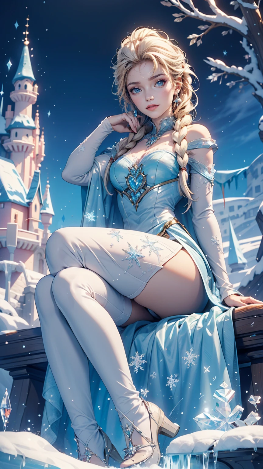 Disney Movies「Frozen」、Elsa、Sit on the ice throne in the ice castle、rest one's chin on one's chin、smile、Crossing your legs