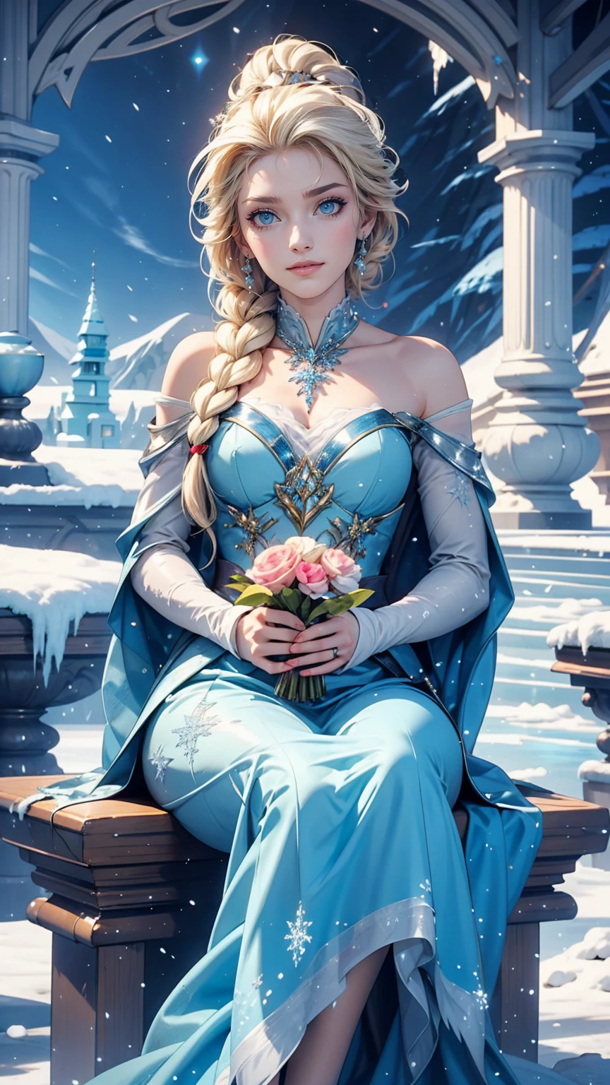 Disney Movies「Frozen」、Elsa、Sit on the ice throne in the ice castle、rest one's chin on one's chin、smile、Crossing your legs
