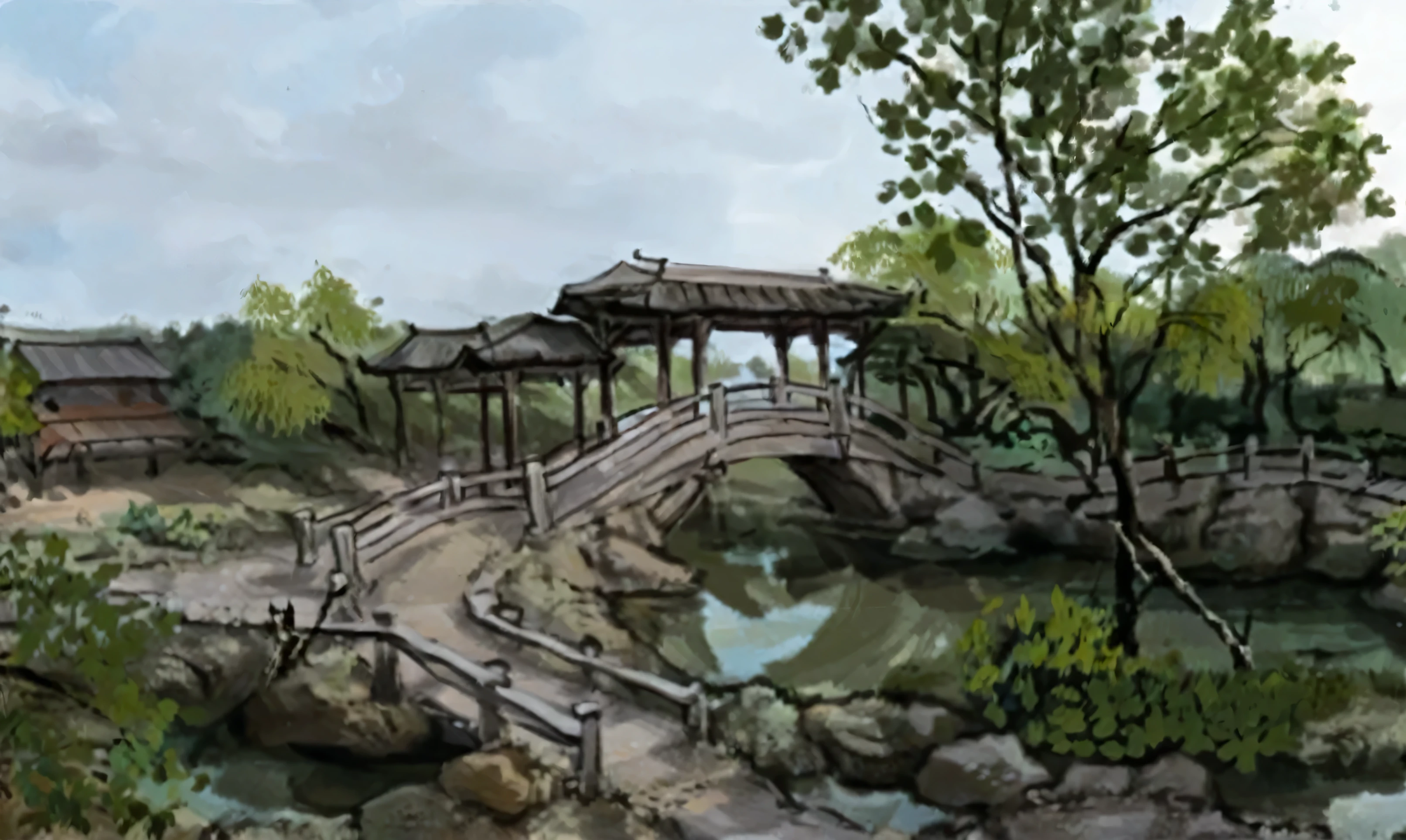 This is an oil painting,Large freehand oil painting,There is a bridge across a small pond in the park, Chinese Architecture, Stone Bridge, Tang Dynasty Palace, nice images, Bridges over water, crooked bridge, qiangshu, Chinese Architecture, Kibashi, Fairyland Bridge, background, old bridge, footbridges between houses, Guangjianhuang, royal garden landscape, stunning images, International Art Exhibition Award-winning Works