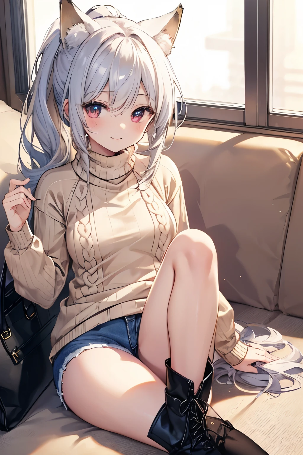Silver Hair、Red Eye、Fox Ears、girl、Small breasts、ponytail、girl、Small breasts、ta、Bright smile、Looks about 15 yd、Petan Musume、short、目のhighlight、Sexy thighs、(Long knit sweater with beige high neck:1.4), ,(Blue jeans fabric shorts),(Black boots)、(Small Black Enamel Bag)、Your eyes are so beautiful、highlight