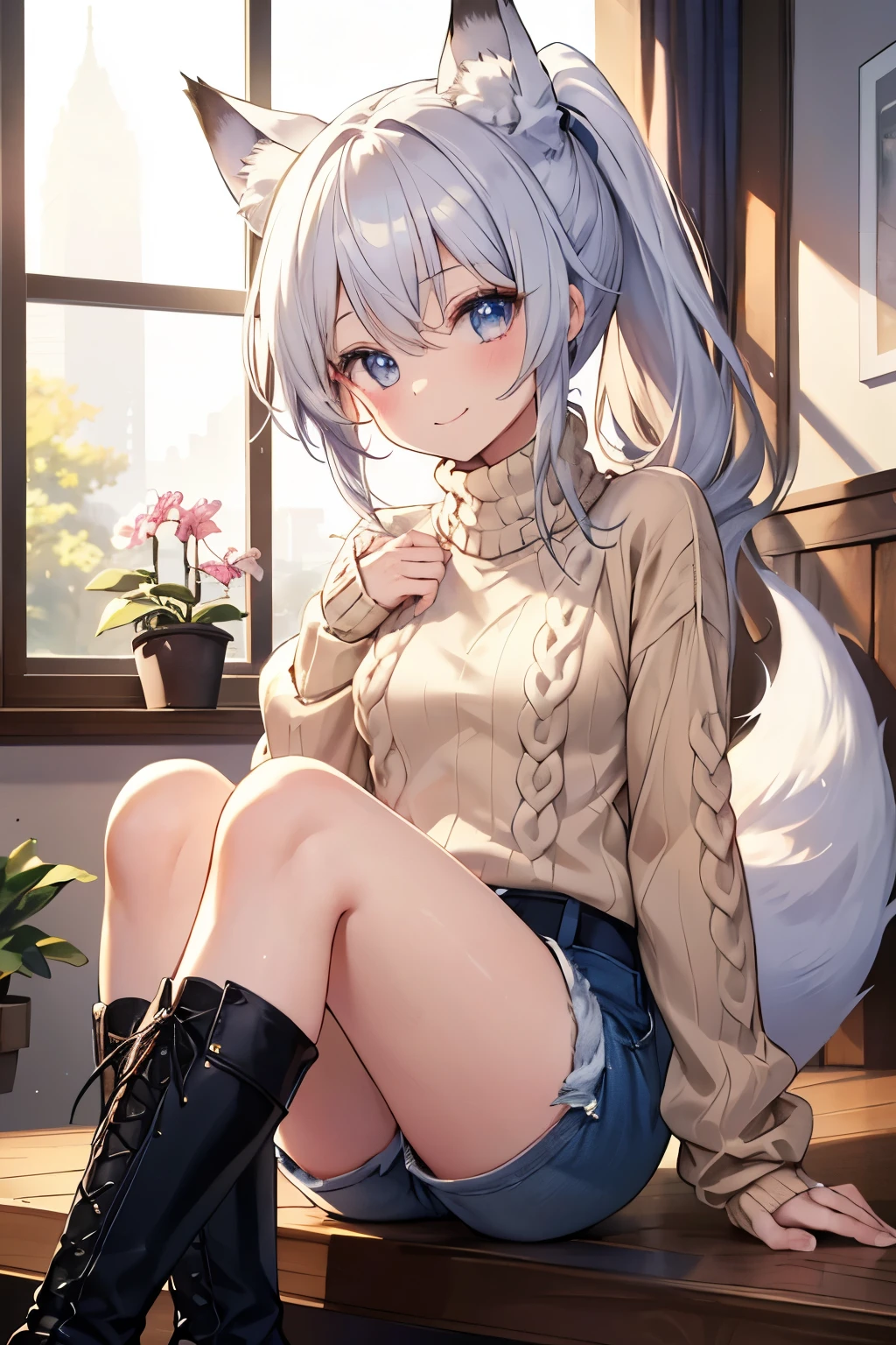 Silver Hair、Red Eye、Fox Ears、girl、Small breasts、ponytail、girl、Small breasts、Lolita、Bright smile、Looks about 15 years old、Petan Musume、short、目のhighlight、Sexy thighs、(Long knit sweater with beige high neck:1.4), ,(Blue jeans fabric shorts),(Black boots)、(Small Black Enamel Bag)、Your eyes are so beautiful、highlight