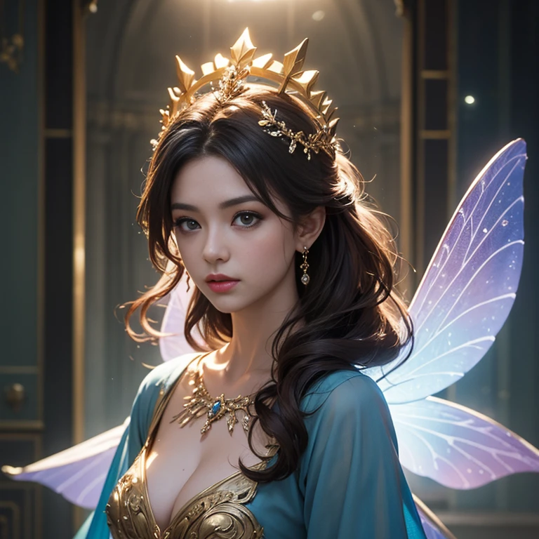 high quality、8k、Realistic、masterpiece、Very detailed、Cinema Lighting、dramatic、ether、elegant、Titania, Graceful fairy queen、I&#39;m very proud、Amazingly beautiful、Butterfly Wings、Ideal ratio、Intricate details、Fantasy、Mysterious、loose fitting dress、Ornate headdress、Shining Aura、Calm expression、Bright colors、Chiaroscuro lighting、Lush leaf background