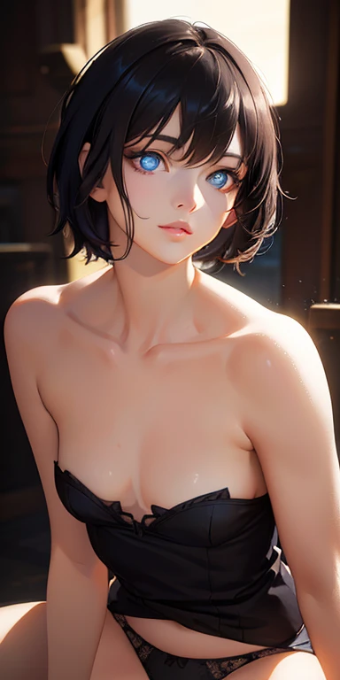 Baby Face, Small breasts, Short black hair,Pixie Cut, (photoRealistic:1.4), (masterpiece, Side light, Exquisite beautiful eyes: 1.5), masterpiece*Portraiture, Realistic, 3D Face,Cute Face, (Glowing Eyes:1.5),(We say:1.5)、 Shiny Hair, glossy oil skin: 1.5,alone,Straddle、Spread your legs、Low-rise panties、(Shoulder strapless small underwear)、Portraiture:1.5、