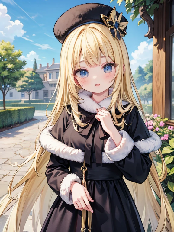 masterpiece, highest quality, Very detailed, 16k, Ultra-high resolution, Cowboy Shot, Detailed face, Perfect Fingers, A 20-year-old woman, Garden of the mansion, maetel, long hair, blonde hair, fur trim, black headwear, fur hat, dress